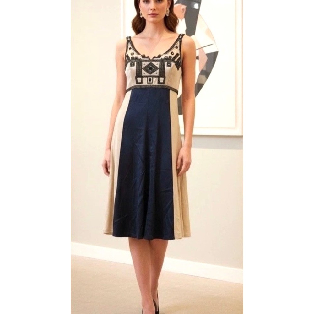 Sue Wong Dress Art Deco Beaded Colorblock Midi Champagne Sleeveless Size 10
